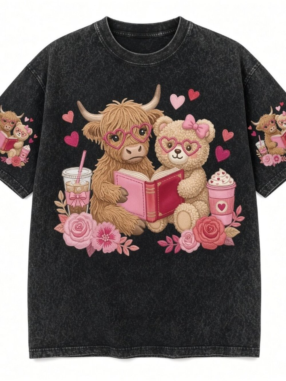 Highland Cow Teddy Book Club Acid Wash Black Graphic Tee